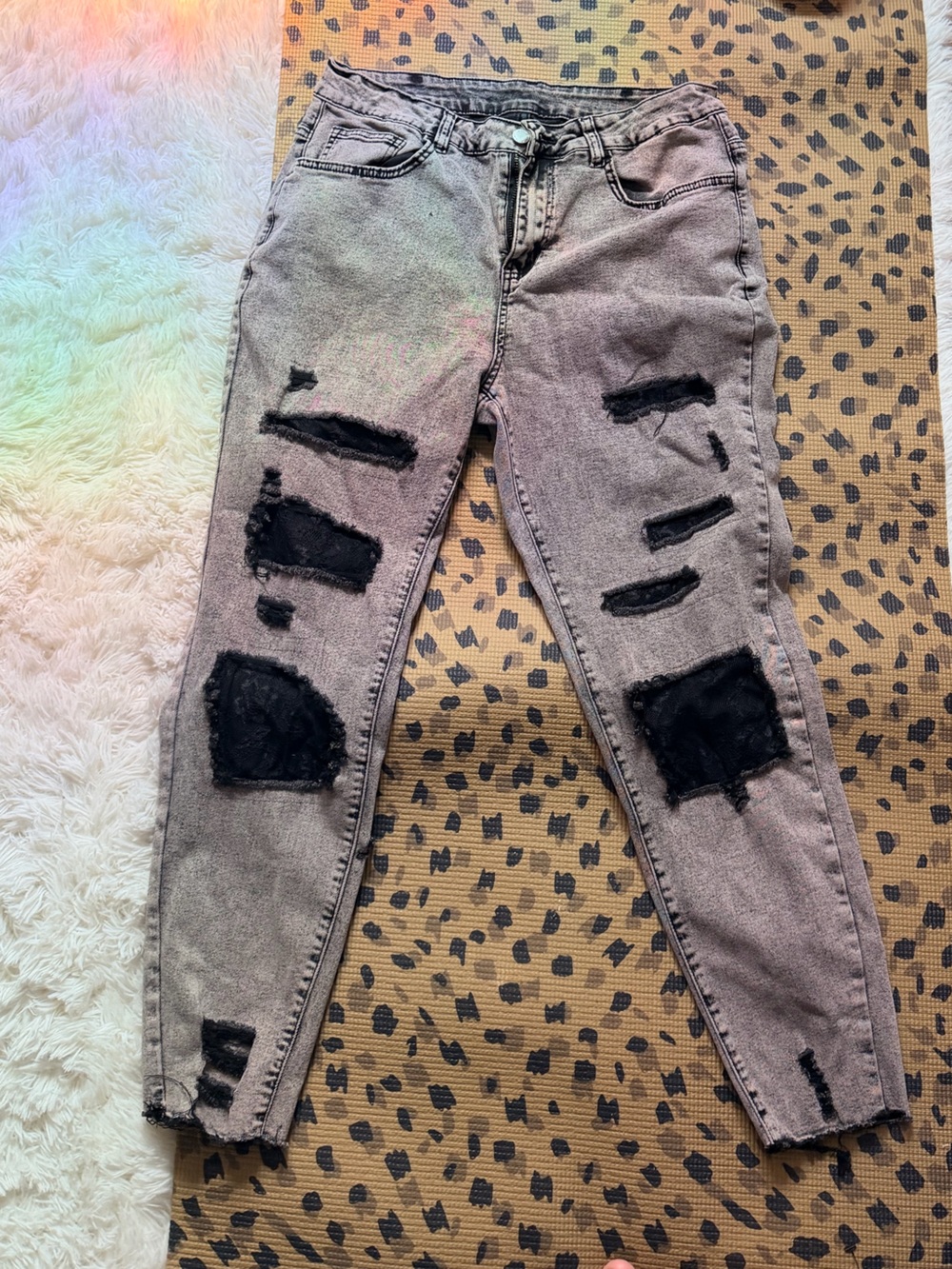 SHEIN Gray Washed Distressed Jeans with Black Patch Detail